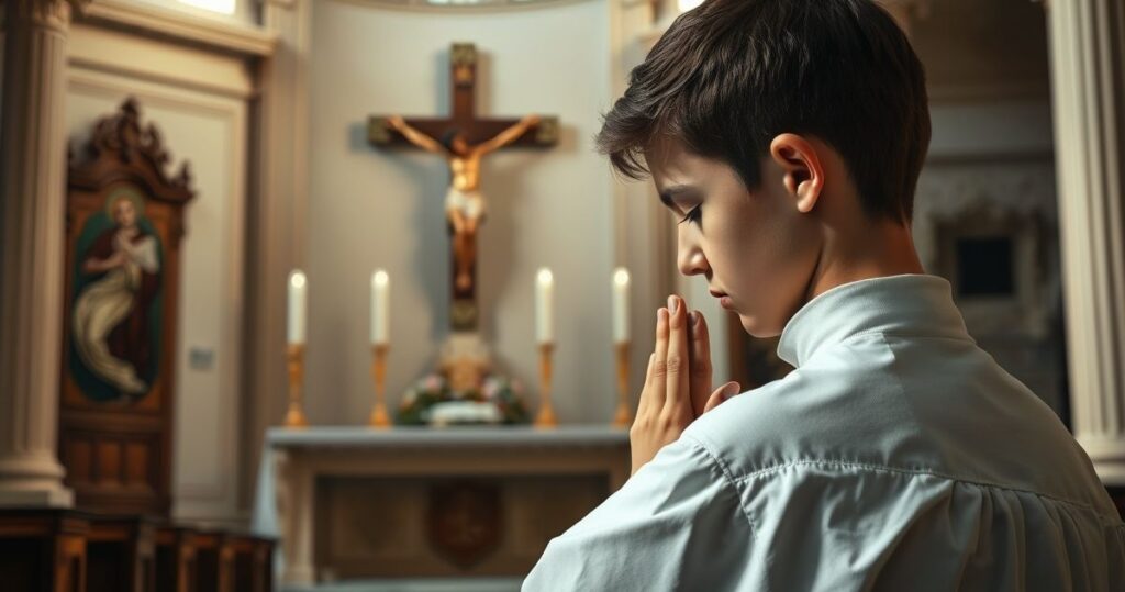 Zdjęcie realistyczne z młodym katolikiem modlącym się przy ołtarzu z krucyfiksem, w tradycyjnym kościele, ukazujące głęboką religijność i wierność katolickiej tradycji.