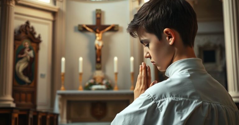 Zdjęcie realistyczne z młodym katolikiem modlącym się przy ołtarzu z krucyfiksem, w tradycyjnym kościele, ukazujące głęboką religijność i wierność katolickiej tradycji.