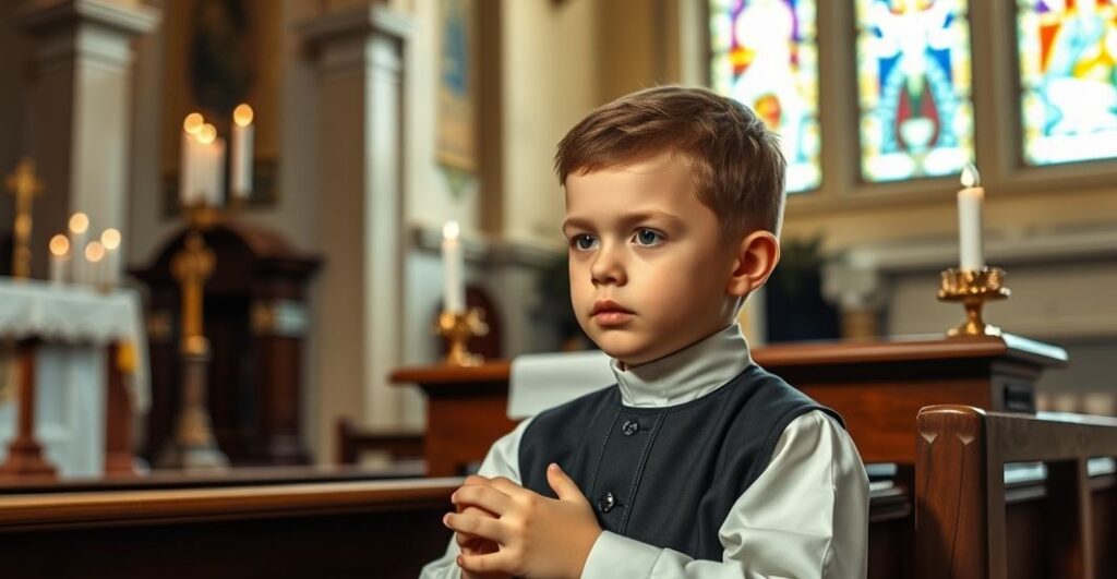 Dziecięcy katolicki chłopiec modlący się w kościele, symbol wiary i pobożności