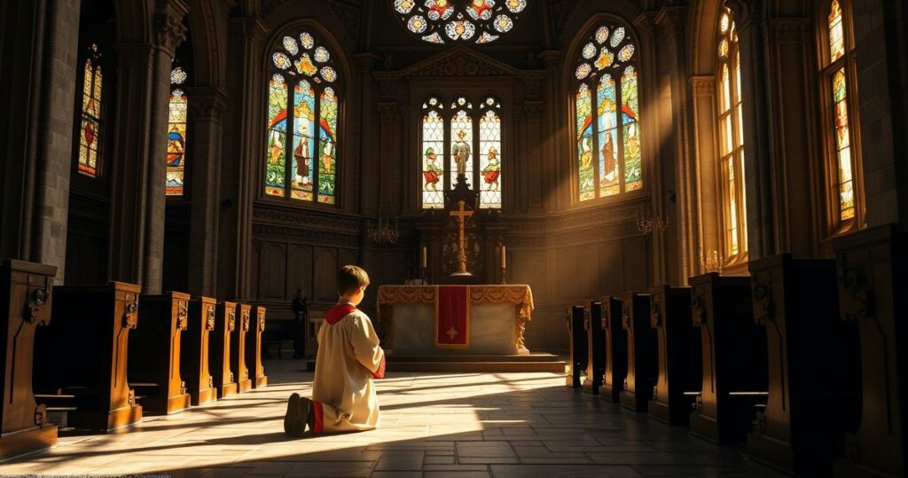 Realistyczne zdjęcie młodego chłopca katolika klęczącego przy tradycyjnym ołtarzu z Eucharystią w starym kościele, wyrażające głęboką wiarę i cnotę heroiczna