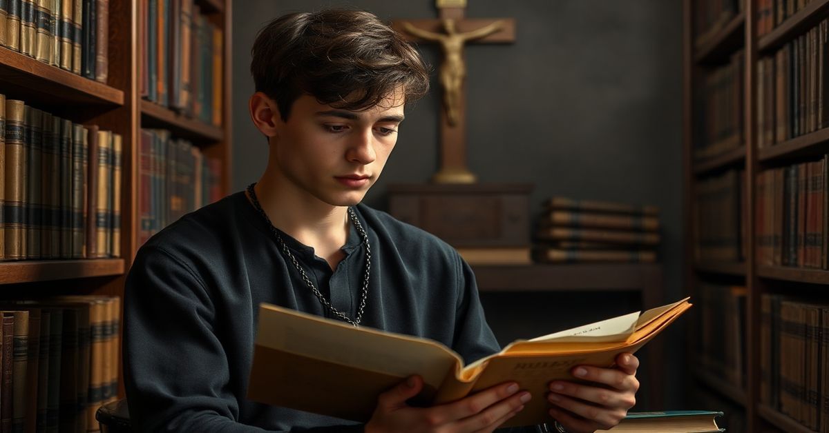 Młody katolik modlący się z różańcem w tradycyjnym kościelnym otoczeniu.