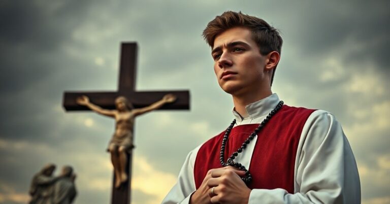 Młody katolicki mężczyzna w tradycyjnych szatach kościelnych stoi przed krzyżem, trzymając różaniec. Jego twarz wyraża głęboką refleksję i smutek na tle zmierzchu symbolizującego duchową kryzys nowoczesnego świata.