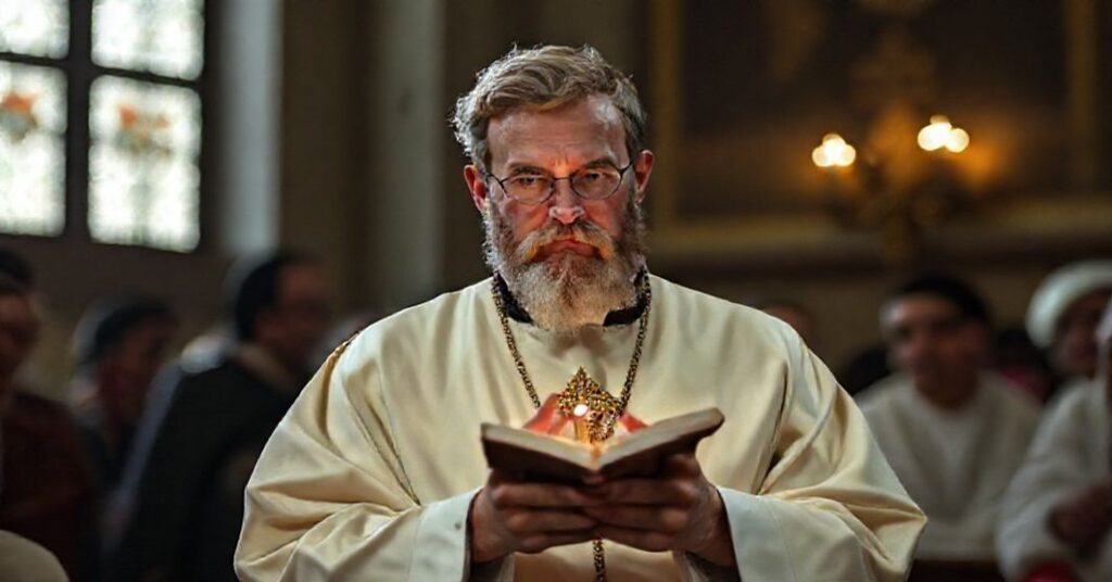 Młody katolik rozdający naklejki "choose life" przed kościołem w tradycyjnym kontekście teologicznym