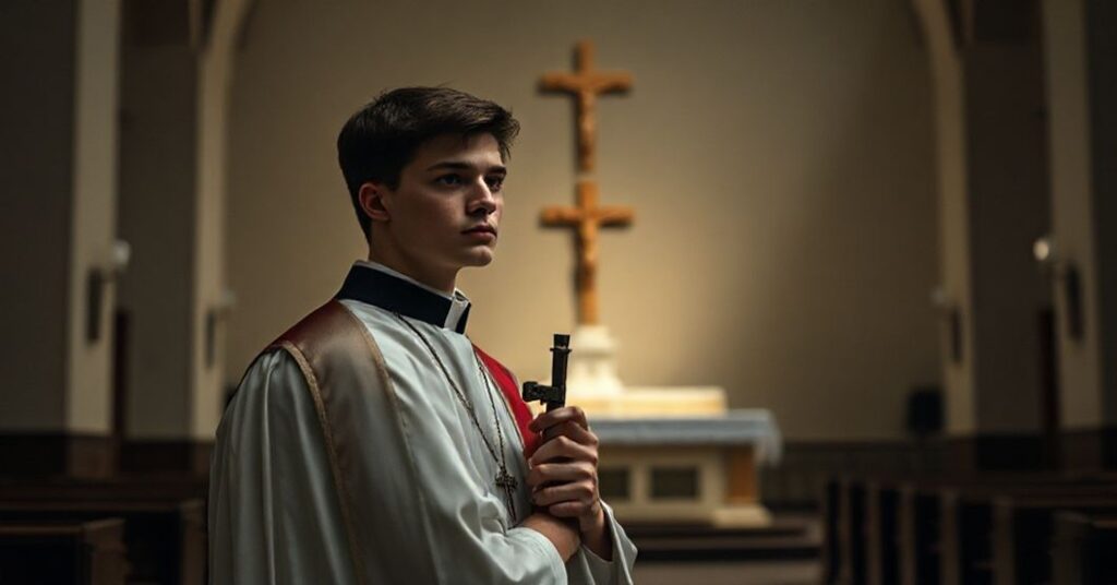 Młody ksiądz w tradycyjnych szatach stojący przed pustym ołtarzem w ciemnej kaplicy, symbolizujący kryzys wiary w nowożytnych strukturach kościelnych.