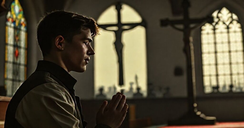 Młody mężczyzna modlący się przed krucyfiksem w ciemnym kościele z widokiem baraków wojskowych w tle.