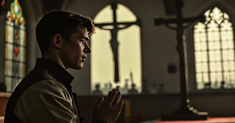 Młody mężczyzna modlący się przed krucyfiksem w ciemnym kościele z widokiem baraków wojskowych w tle.