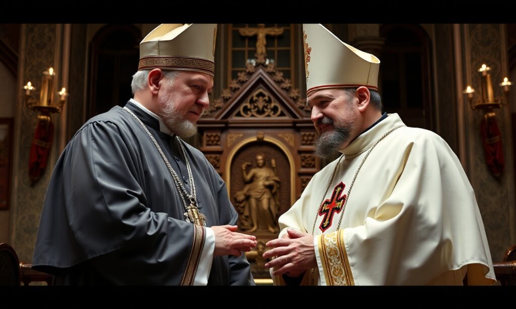 Młody mężczyzna modli się przy tradycyjnej Mszy Świętej w hiszpańskiej katedrze