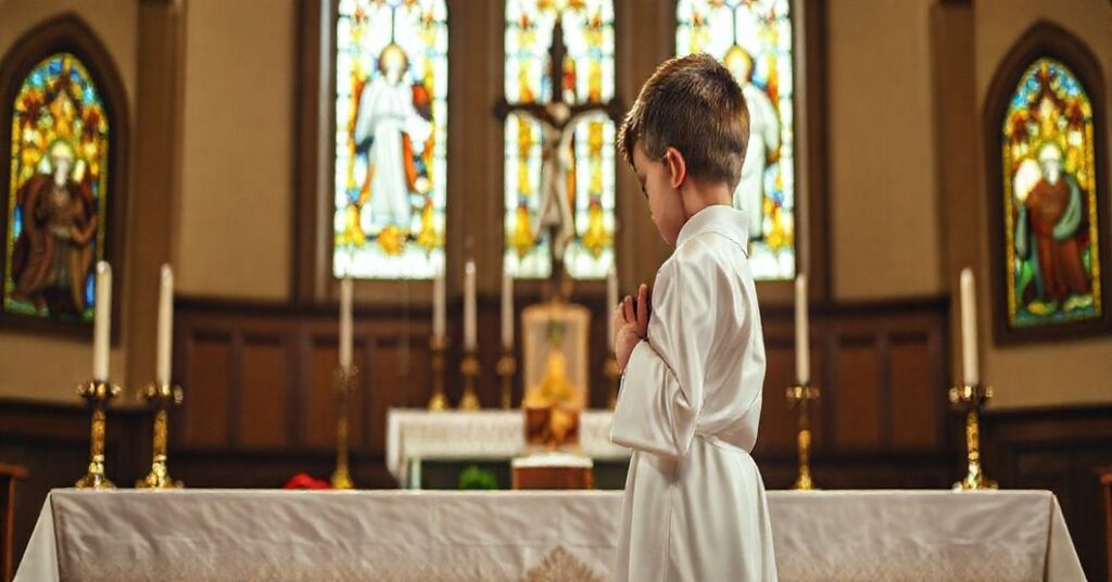 Młody chłopiec w białej szatce liturgicznej modli się przed ołtarzem, otoczony elementami tradycyjnej mszy katolickiej.
