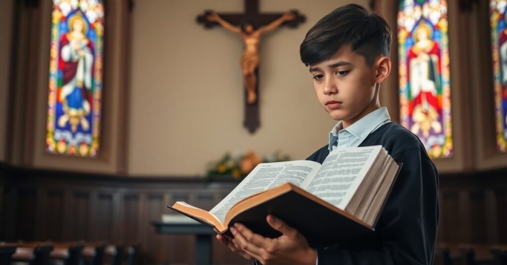 Młody katolicki student trzymający Biblię w tradycyjnym kościele z witrażami i krzyżem na tle.