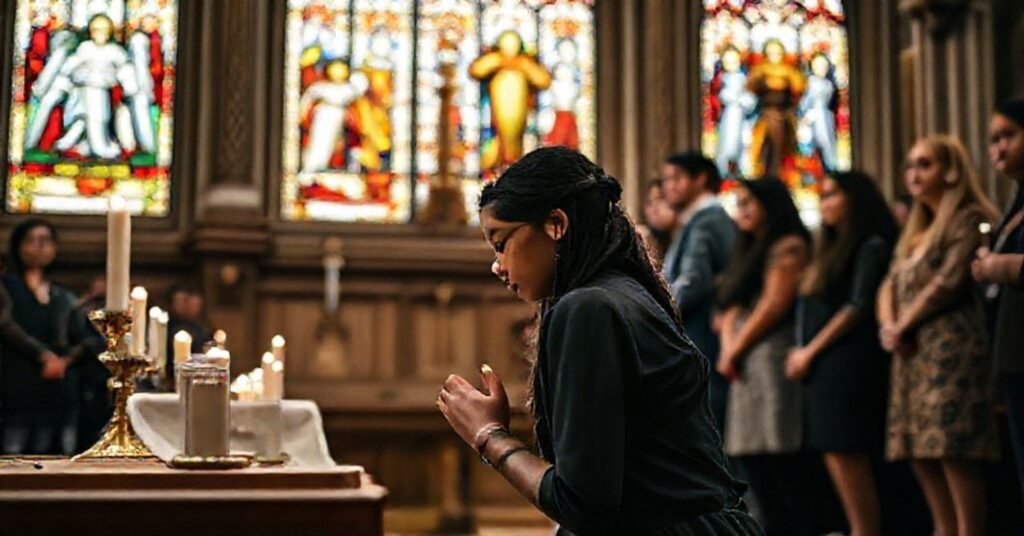 Grupa młodzieży w tradycyjnym kościele katolickim podczas konferencji młodzieżowej, skupiona w modlitwie przed Najświętszym Sakramentem.
