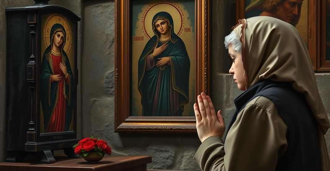 Rekwizyt religijny: młody chłopiec modlący się przed ikoną Matki Bożej w tradycyjnym katolickim kontekście, w Polsce