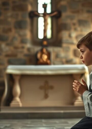 Realistyczne zdjęcie młodego chłopca w modlitwie w kościele Katolickie, realistyczne zdjęcie młodego chłopca modlącego się w skromnym kościele, ukazujące pobożność i pokorę