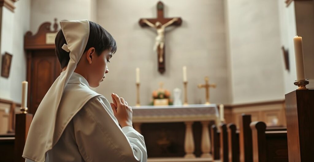 Młody katolicki chłopak modli się w tradycyjnej świątyni, ukazując autentyczną pobożność i czystość religijnej praktyki