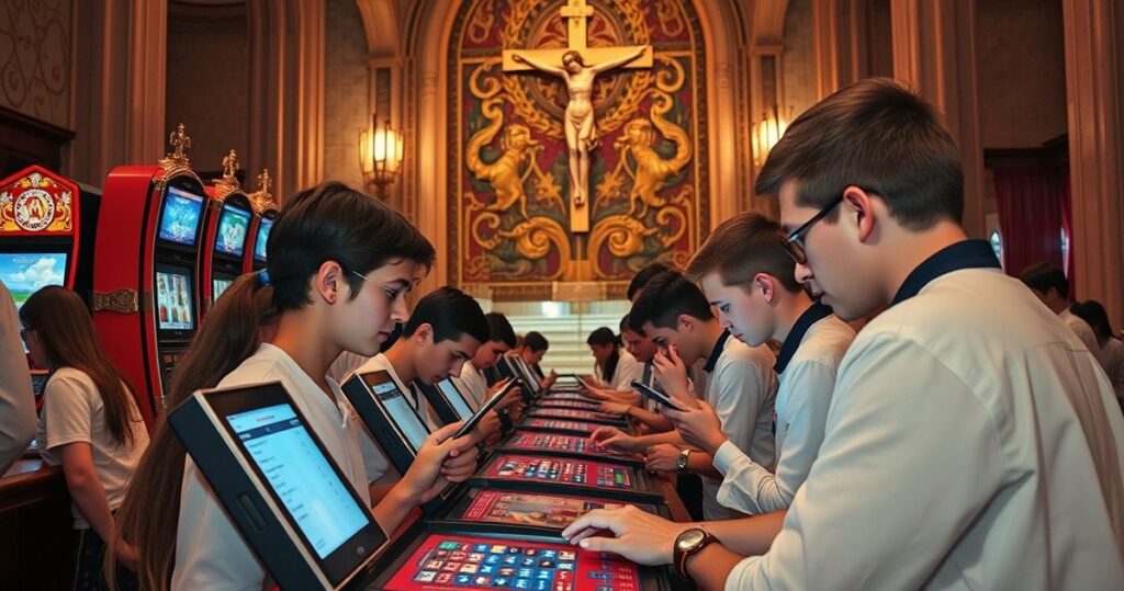 Religijne przedstawienie młodych ludzi w konfesjonale, z krzyżem i obrazem Matki Bożej, symbolizujące moralny upadek i potrzebę nawrócenia