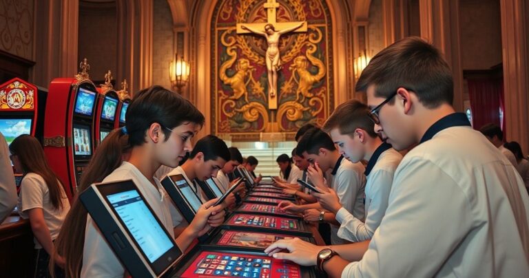Religijne przedstawienie młodych ludzi w konfesjonale, z krzyżem i obrazem Matki Bożej, symbolizujące moralny upadek i potrzebę nawrócenia