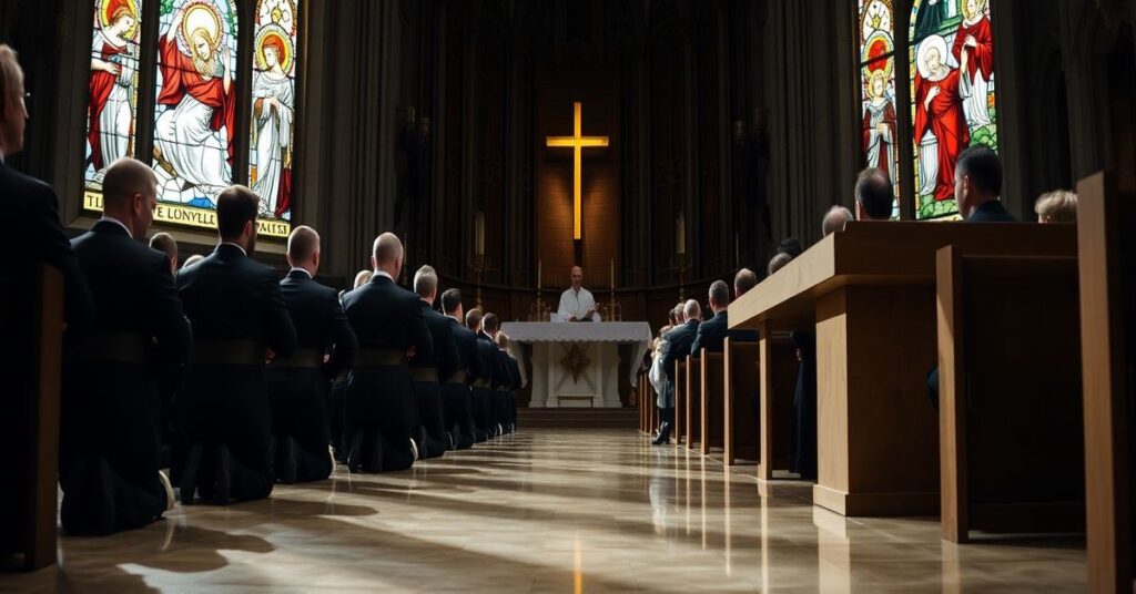 Młodzi Irlandczycy w tradycyjnych katolickich strojach modlący się w nowoczesnym kościele podczas Mszy św.