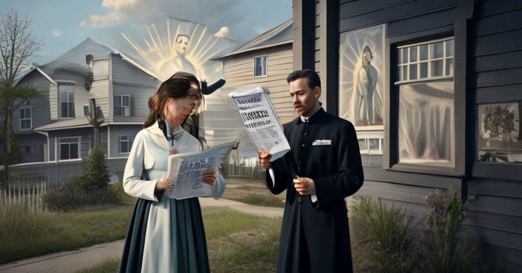 Młoda para katolicka stoi przed domem w Kanadzie z troskliwym wyrazem twarzy, trzymając gazetę z informacjami o kryzysie ekonomicznym.