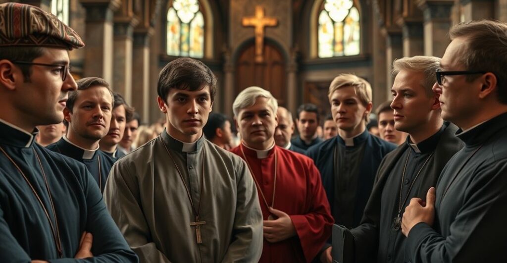 Młodzi katoliccy mężczyźni w tradycyjnym kościele, refleksja nad wartościami rodzinnymi i wiarą w obliczu współczesnych wyzwań społeczeństwa