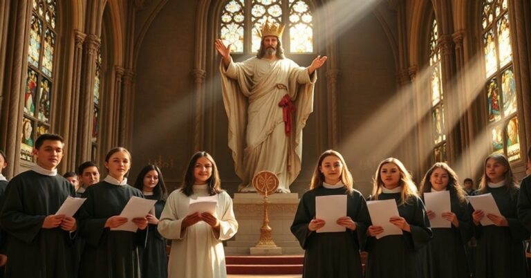 Młodzi katolicy w tradycyjnych strojach stają przed rzeźbą Chrystusa Króla w solemnym kościele; przedstawiają esej o obronie życia w kontekście katolickiego porządku społecznego.