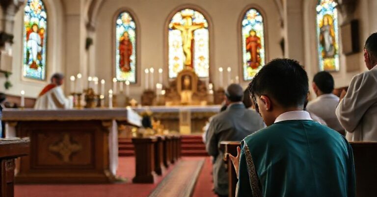 Tradycyjna katolicka msza święta w libańskiej katedrze z młodymi wiernymi modlącymi się przed ołtarzem