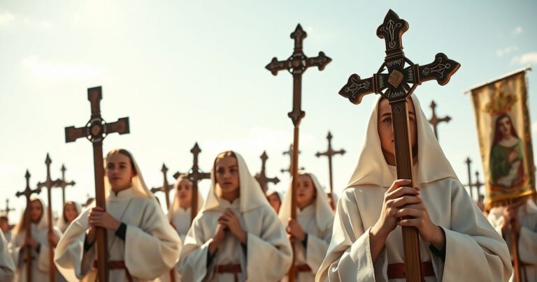 Rekolekcja młodych katolików w tradycyjnych strojach podczas procesji na zewnątrz, ukazująca głęboką religijność i oddanie wiary