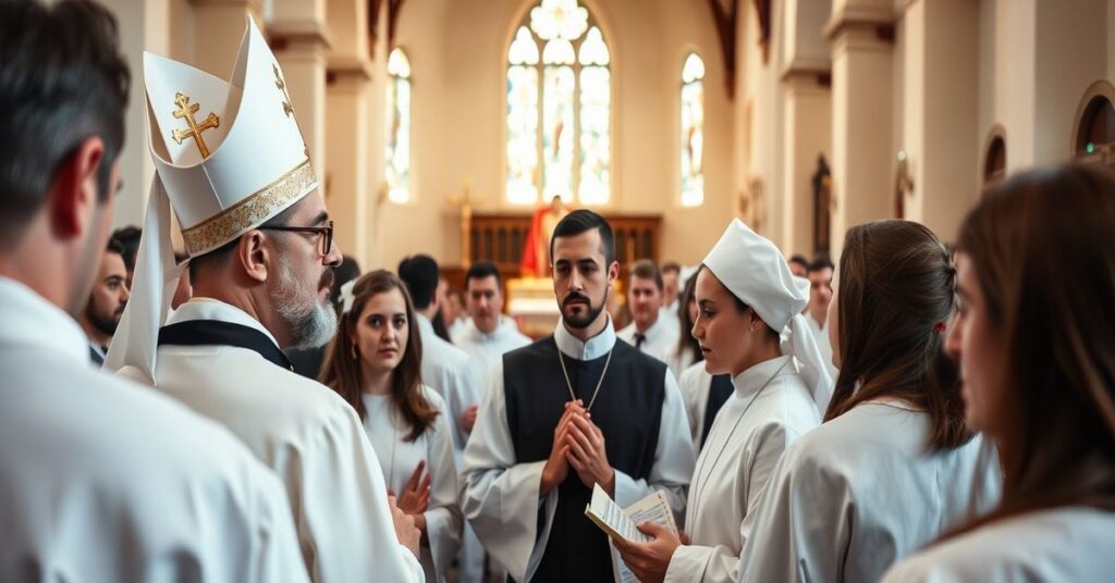 Młodzi katolicy w tradycyjnych strojach uczestniczą w poważnej mszy w kościele Karmelitów w Przemyślu, podczas której 'abp Adam Szal' i 'ks. Krzysztof Żyła' przemawiają na temat apostolstwa.