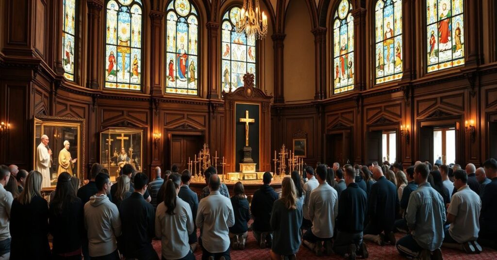 Grupa młodych katolików modli się w uroczystej sali z witrażami, przed relikwiami świętych Jana Pawła II i Błogosławionego Karola Acutisa w tradycyjnym katolickim środowisku.