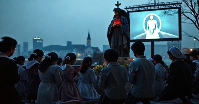 Młody katolicy modlący się przed rzeźbą Świeckiego Serca w Seulu podczas pseudomodu "ŚDM"