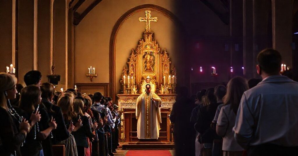 Młodzi katolicy modlący się w tradycyjnym kościele podczas Mszy św. na tle konferencji NCYC w Indianapolis promującej herezję.