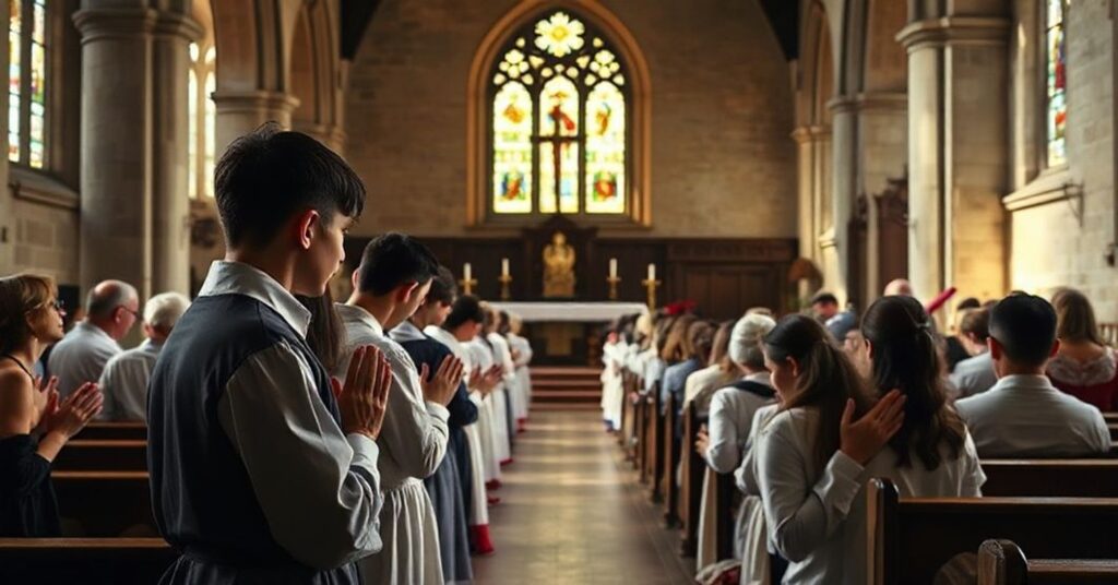 Młodzi katolicy modlący się podczas tradycyjnej mszy łacińskiej w historycznym kościele