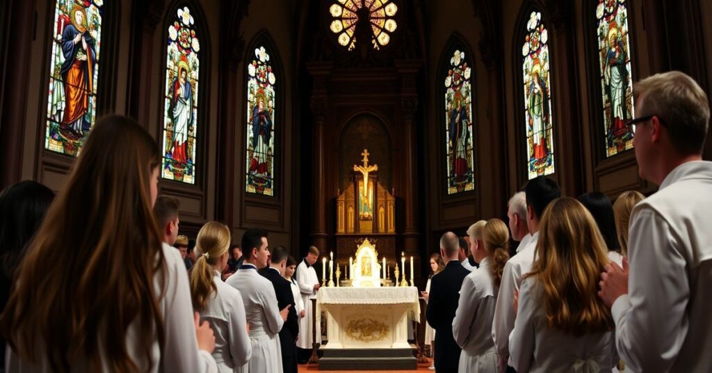 Młodzi katolicy modlący się w tradycyjnym kościele przed Najświętszym Sakramentem