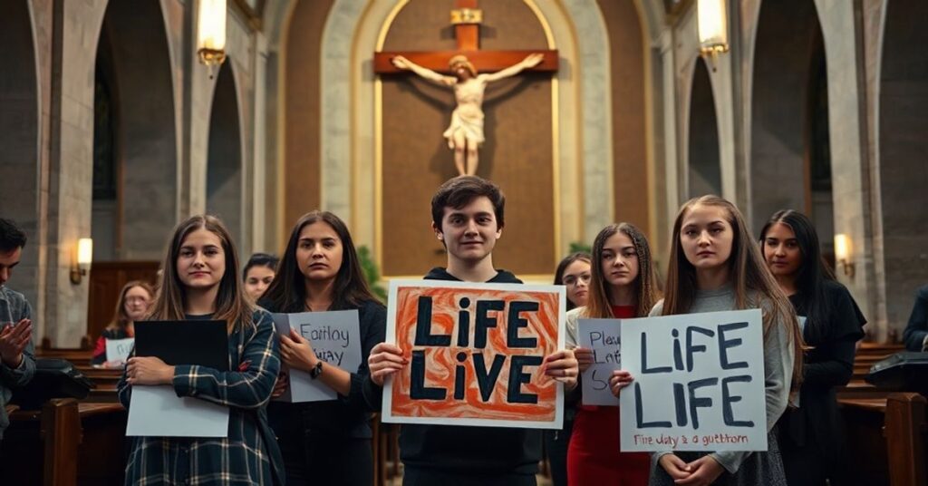 Młodzi katolicy przedstawiający dzieła sztuki przeciw aborcji w tradycyjnym kościele