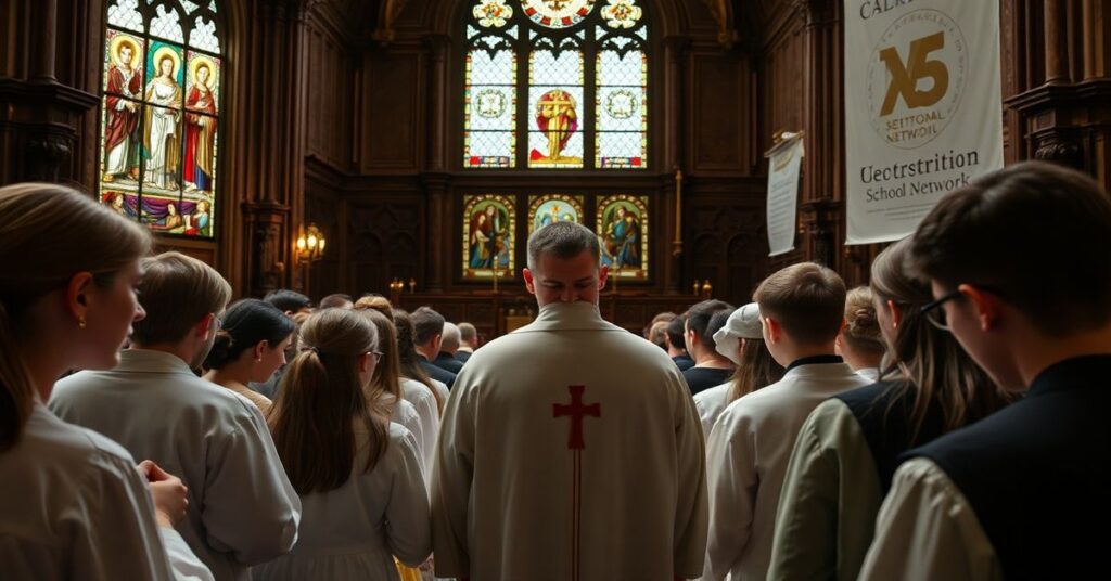 Młodzi katolicy w tradycyjnych szatach zbierają się w kościele na spowiedź i adorację. W tle standa sedevacantysta i heretyckie bannery.
