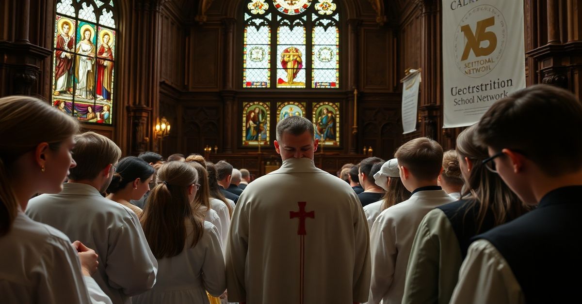 Młodzi katolicy w tradycyjnych szatach zbierają się w kościele na spowiedź i adorację. W tle standa sedevacantysta i heretyckie bannery.