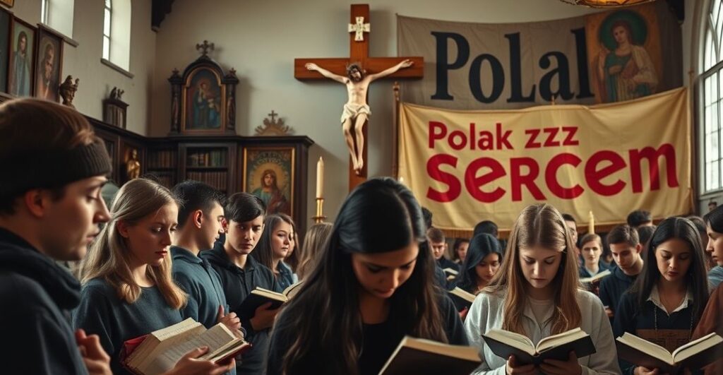 Młodzi katolicy modlący się w tradycyjnym kościele, symbolizujący duchową katastrofę nowoświatowej akcji