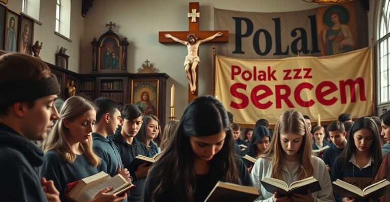 Młodzi katolicy modlący się w tradycyjnym kościele, symbolizujący duchową katastrofę nowoświatowej akcji