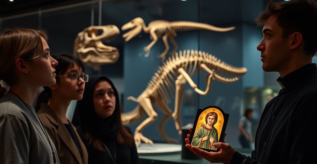 Młodzi katolicy patrzą na ekspozycję paleontologiczną w centrum naukowym, wyraz twarzy pełen zainteresowania, ale także niepokoju, z ikoną religijną w tle.