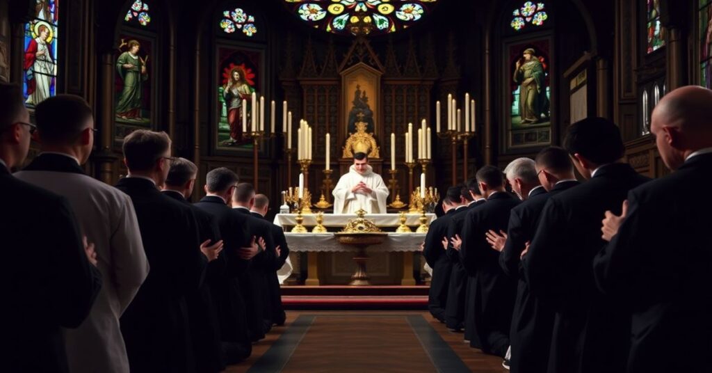 Grupa młodych mężczyzn w sutannach i surpelisach modląca się w tradycyjnym kościele przed ołtarzem z Najświętszym Sakramentem.