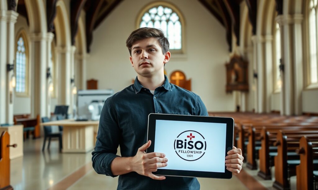 Młody mężczyzna w tradycyjnym katolickim wnętrzu z tabletem wyświetlającym logo Bison Fellowship