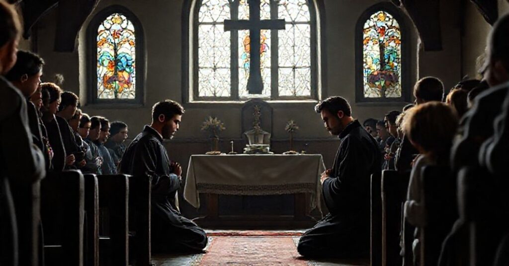 Dwaj młodzi włoscy kapłani modlący się w kościele przed martyrologią