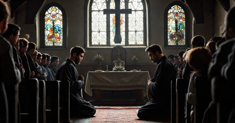 Dwaj młodzi włoscy kapłani modlący się w kościele przed martyrologią