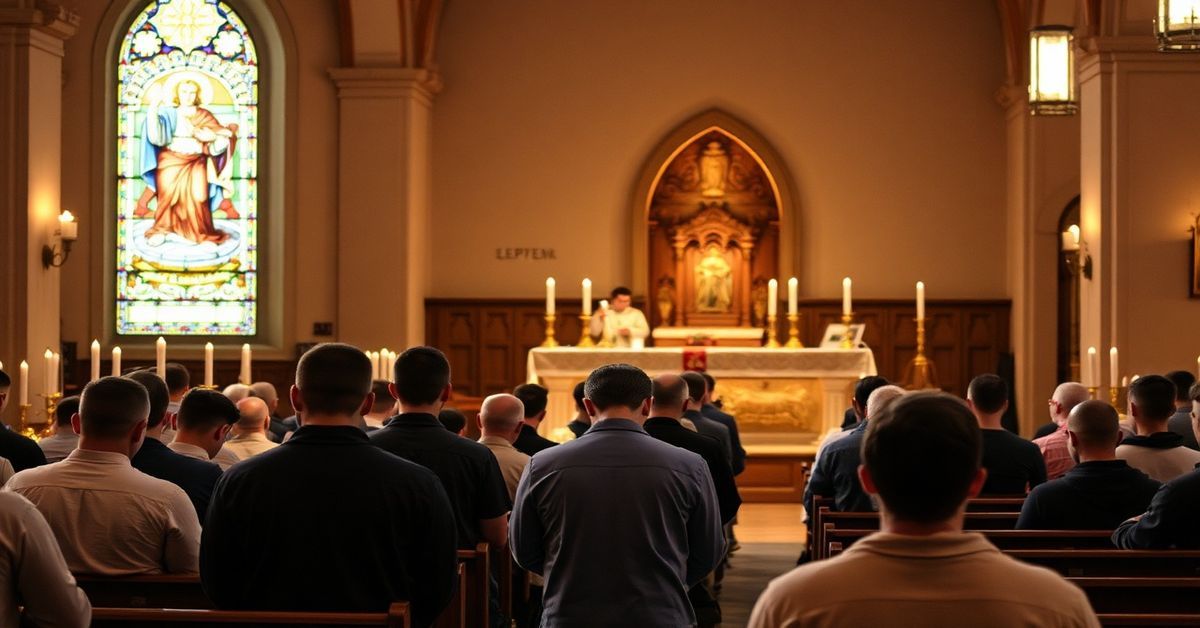 Młodzi mężczyźni modlący się podczas tradycyjnej Mszy Świętej w kościele katolickim