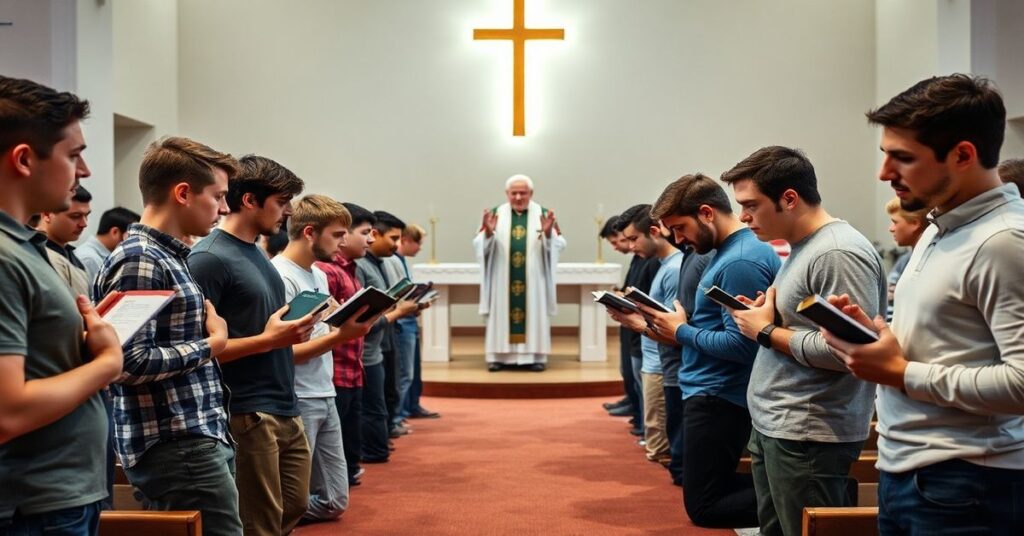 Młodzi mężczyźni modlący się w nowoczesnym kościele w stylu neocatechumenalnym