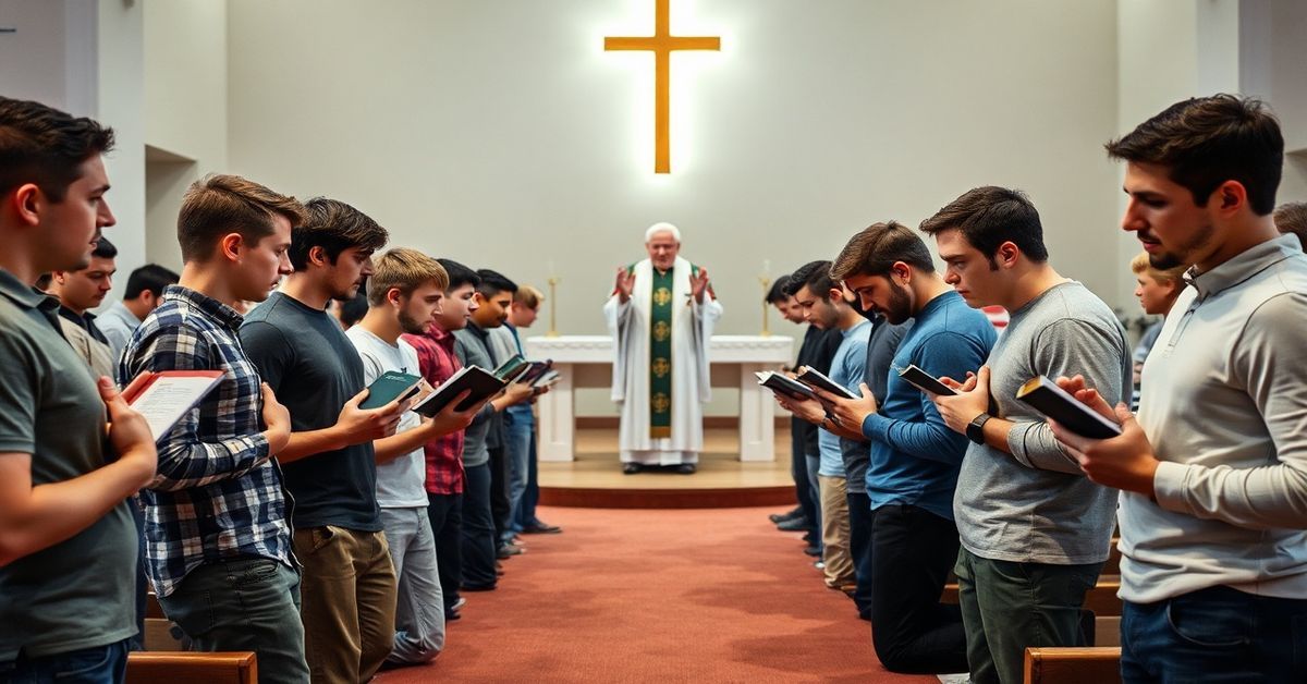 Młodzi mężczyźni modlący się w nowoczesnym kościele w stylu neocatechumenalnym