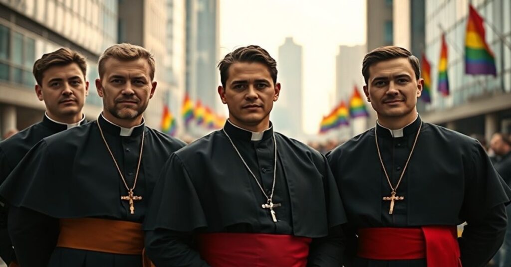 Młodzi mężczyźni stoją przeciw ideologii LGBT w tradycyjnym stroju katolickim