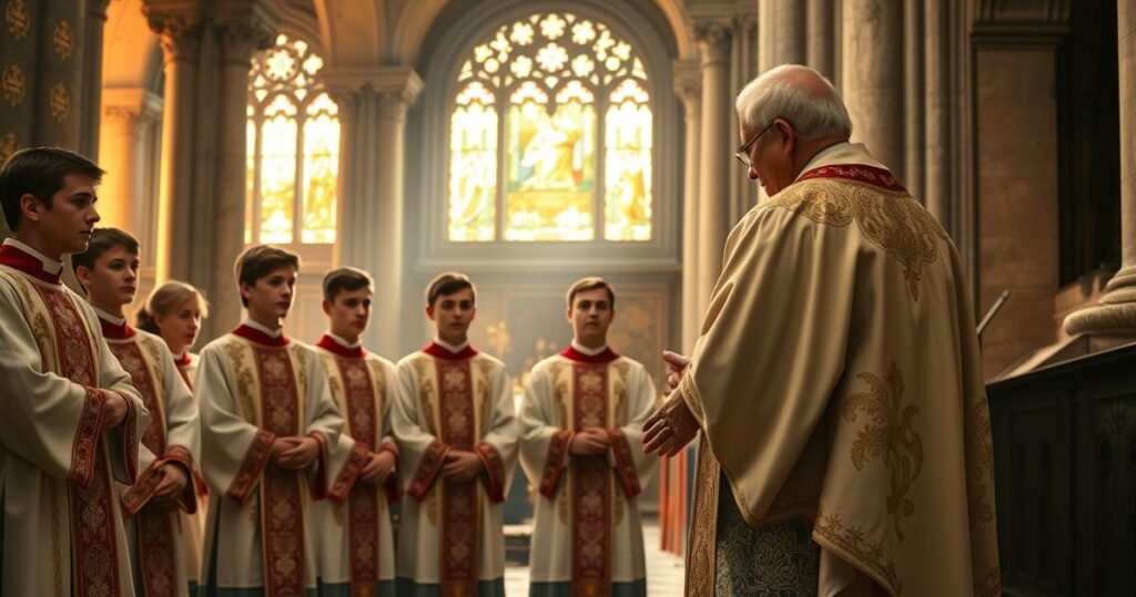 Młodzi ministranci w tradycyjnych szatach podczas szkolenia liturgicznego, w poważnej i sakralnej atmosferze