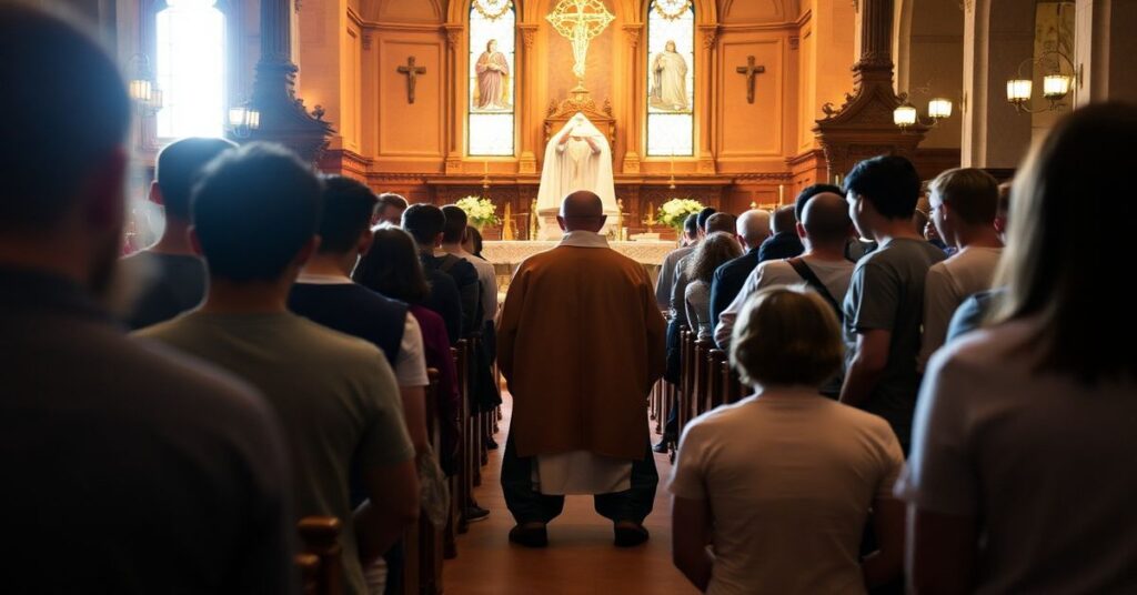 Młode osoby modlące się podczas tradycyjnej mszy św. w parafii św. Józefa w Greenwich Village