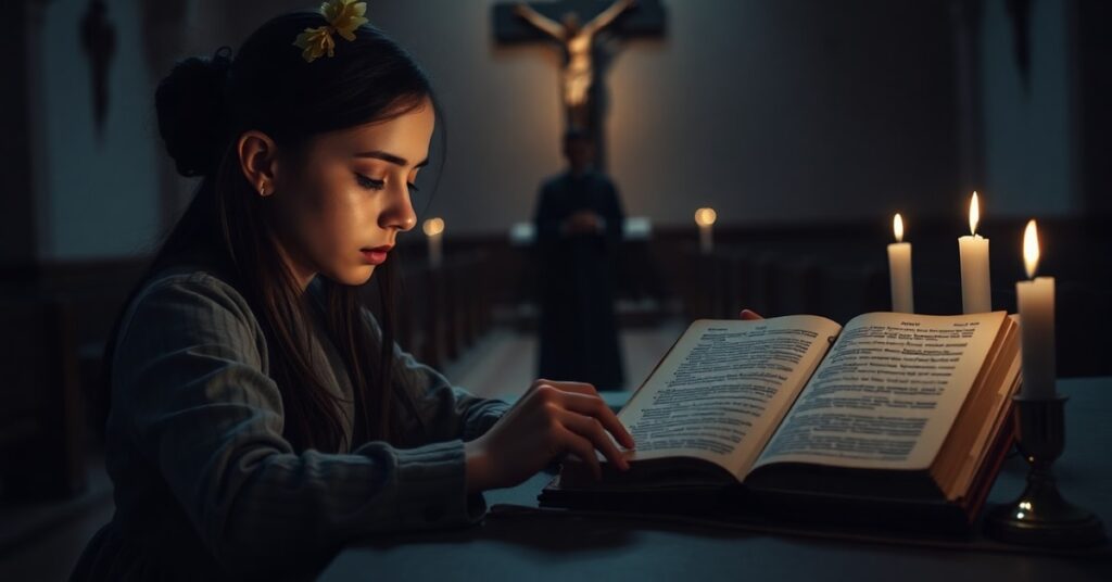 Ciemna fotografia młodej kobiety Carmina modlącej się przed ołtarzem w opuszczonej kaplicy. Obok niej leży otwarty Katechizm, a światło świecy pada na jej zmartwychwstałe twarz. W tle widoczne są postacie Ferrana i Cecilii. Scena przekazuje głęboką smutek i pragnienie prawdziwej łaski.