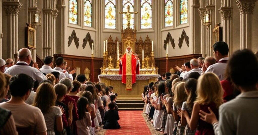 Grupa młodzieży uczestnicząca w tradycyjnej mszy św. w historycznym kościele