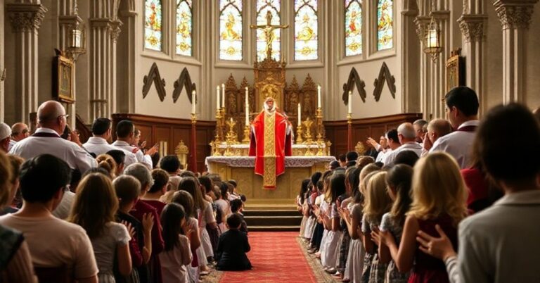 Grupa młodzieży uczestnicząca w tradycyjnej mszy św. w historycznym kościele